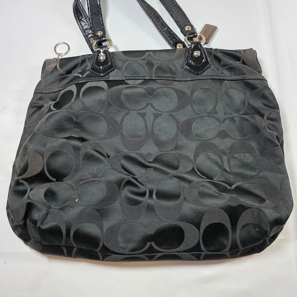 Coach Poppy Black Signature Sateen Glam Tote Bag Canvas Patent Leather 18351